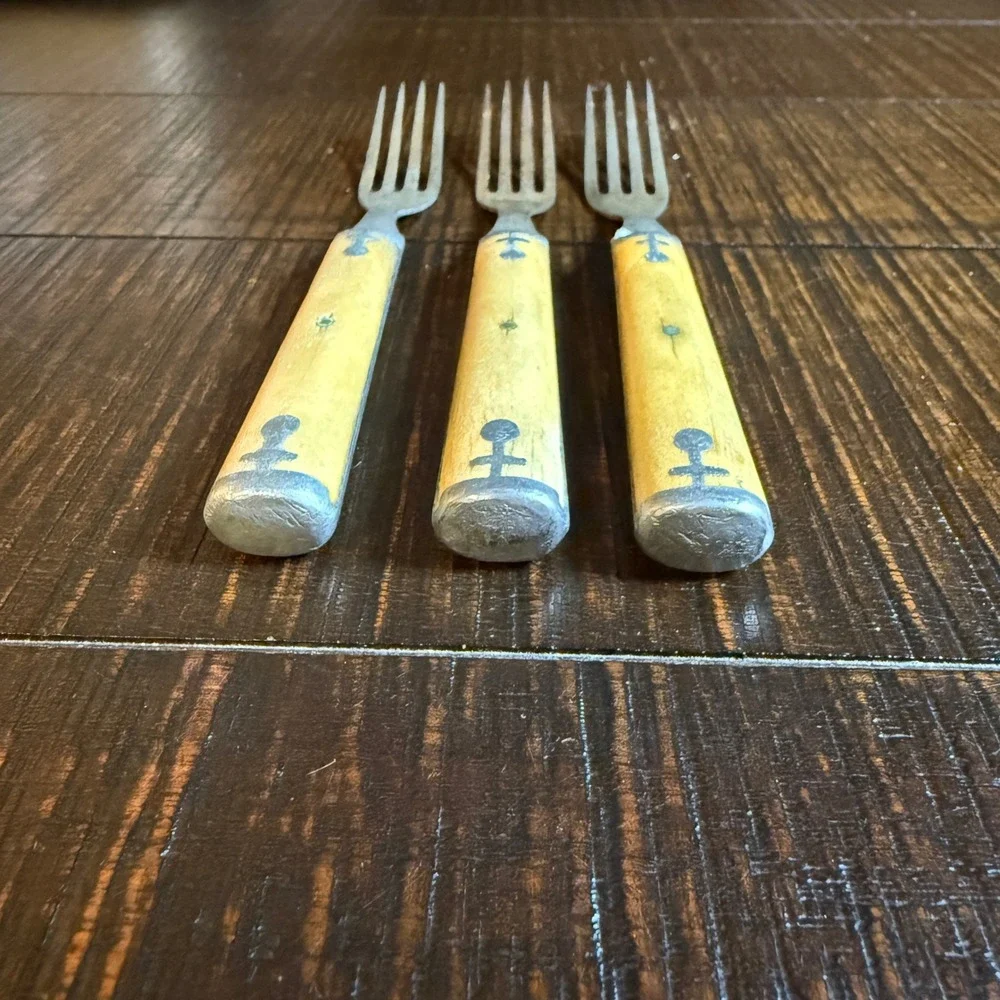 Antique Primitive Bone Handle Forks Set of 3 Pewter Inlay Rustic Flatware 7.25